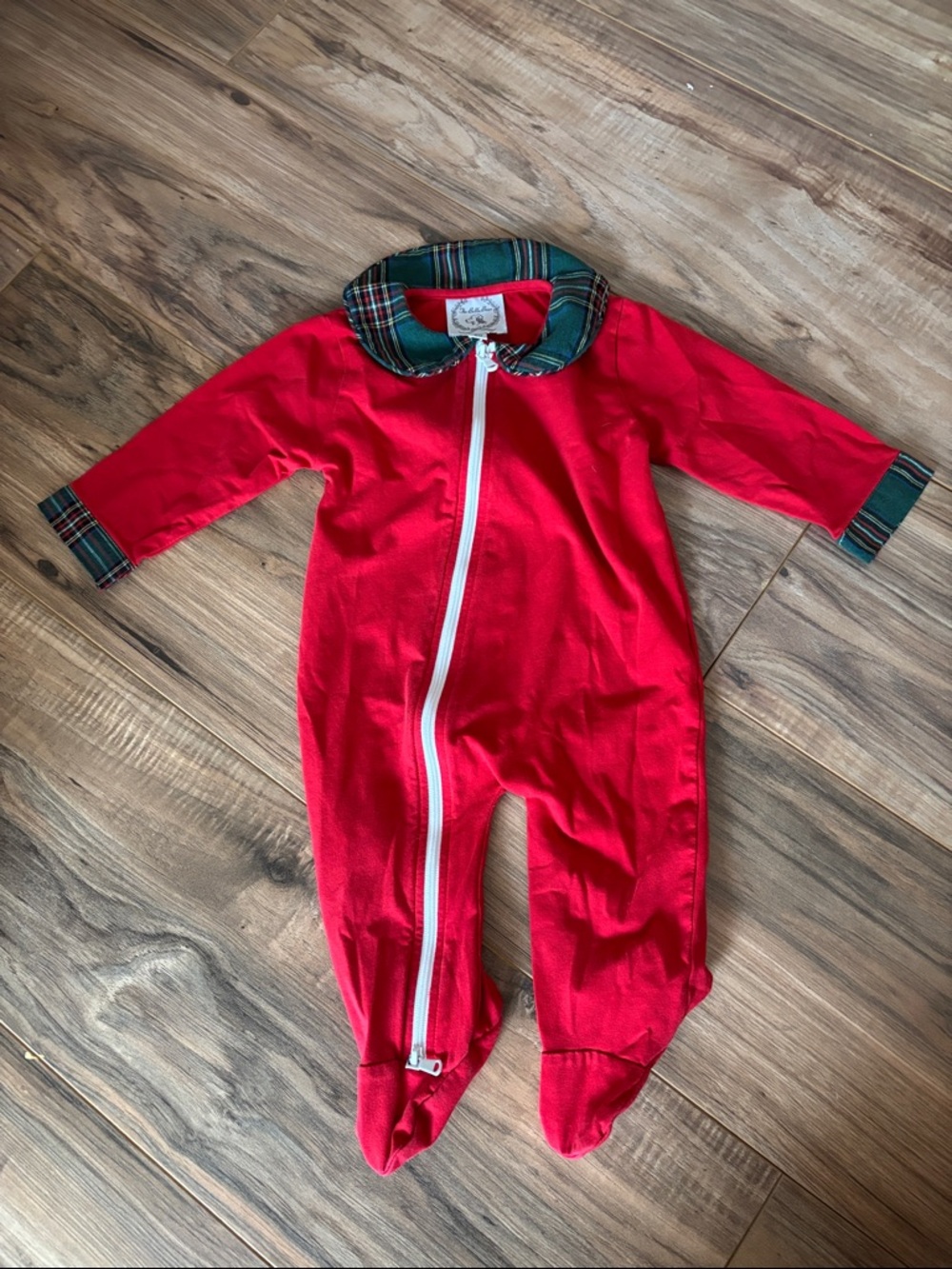 The Bella Bean Red Infant Footie with Plaid Trim Zippered One-Piece